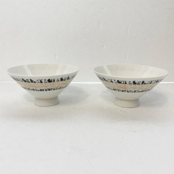 Set of Two (2) Seika China Rice Bowls Black Gold Mod Pictures Heiroglyphics - Picture 3 of 9